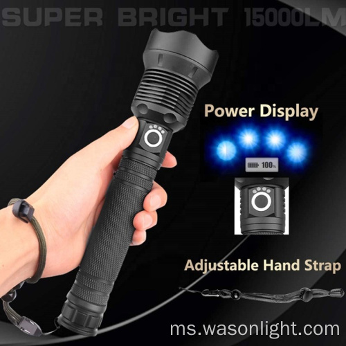 2000 Lumens USB Memburu boleh dicas semula Waterproof XHP70 Zoomable High Light Beam LED Lampu suluh Torus dengan Paparan Status Kuasa